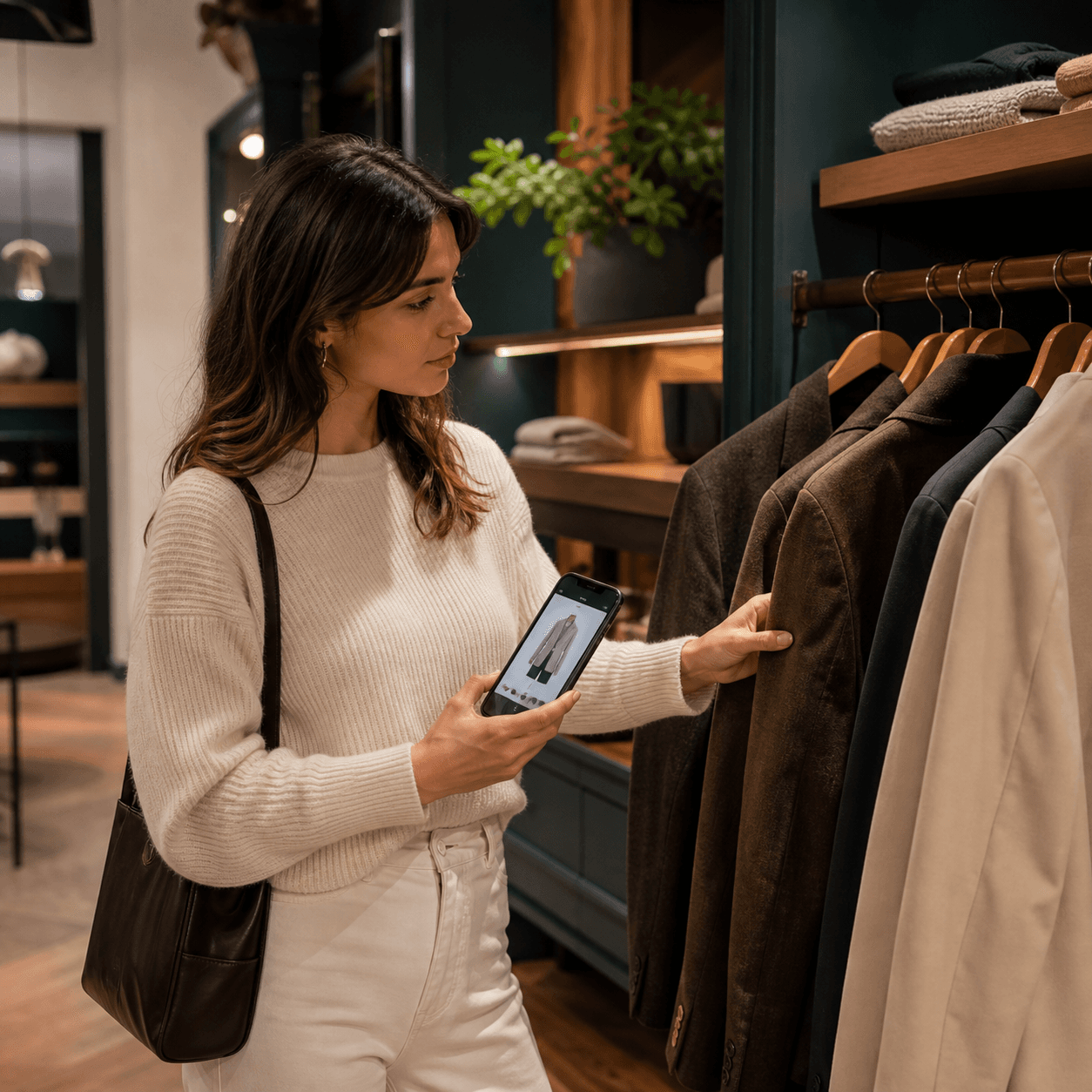 Cliente che consulta un prodotto sullo smartphone in negozio